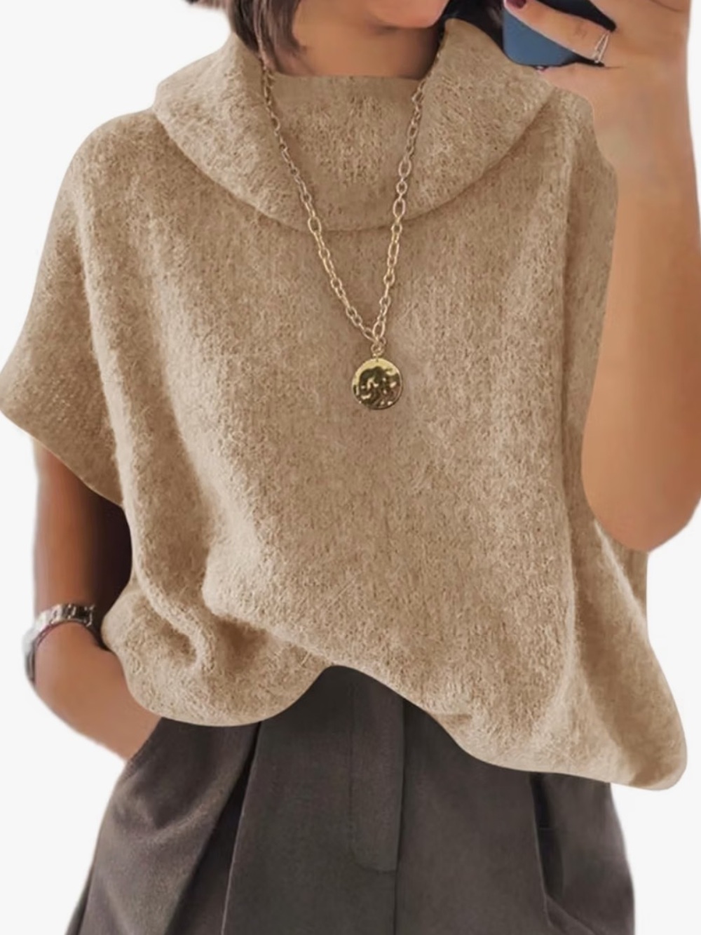 Cozy Draped Cowl-Neck Short-Sleeve Sweater - Beige